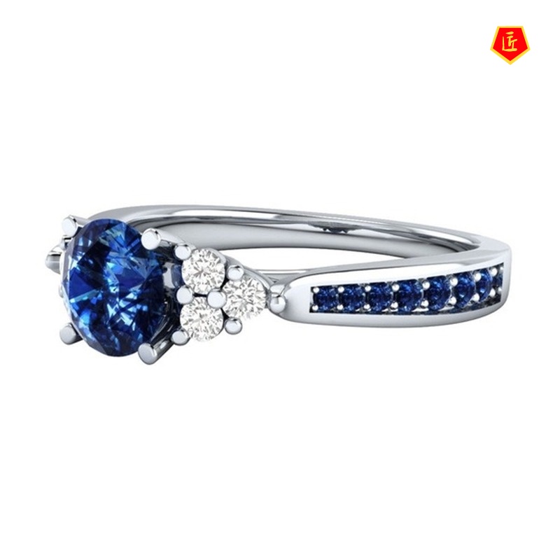 [Ready Stock]Inlaid Sapphire Moissanite Ring 925 Silver Fashion Elegant