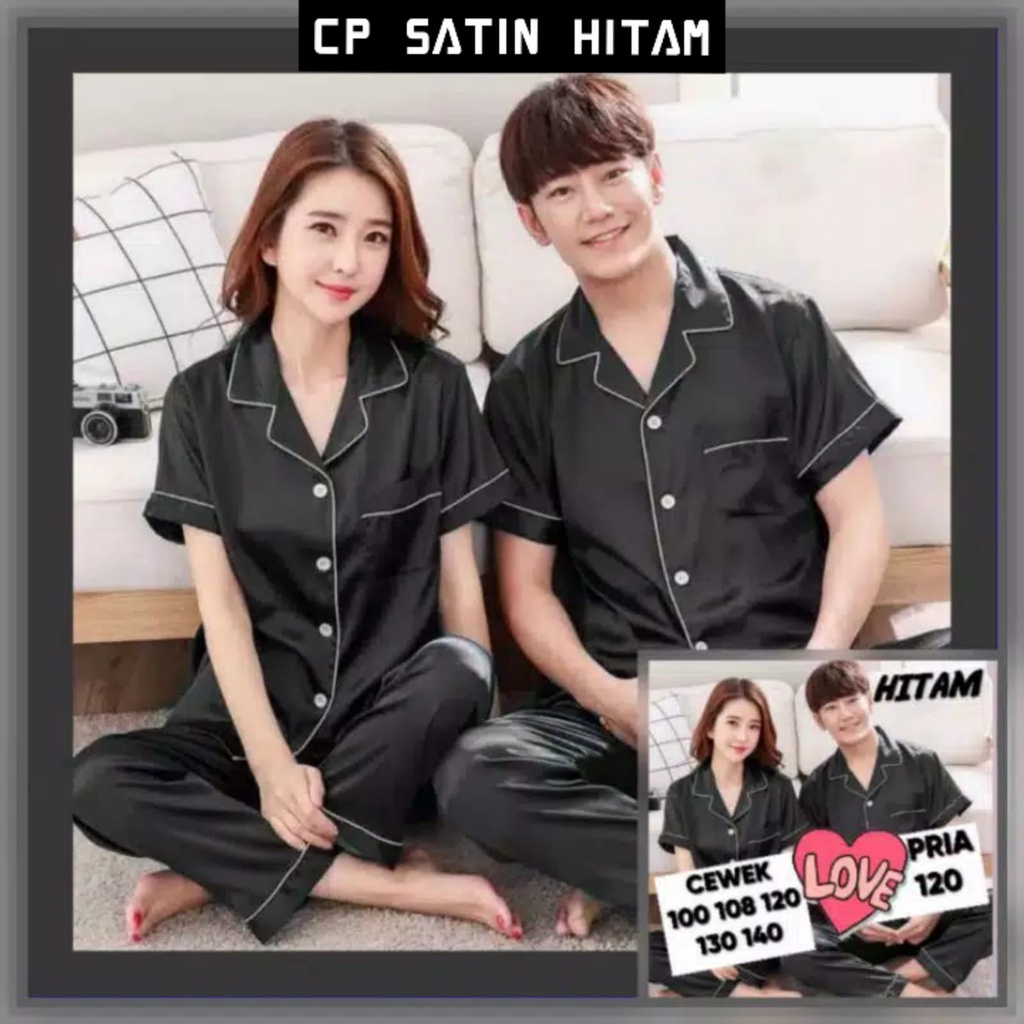 BAJU TIDUR COUPLE/PASANGAN JUMBO PRIA/WANITA / SUAMI ISTRI SATIN SILK-2 PCS- HITAM