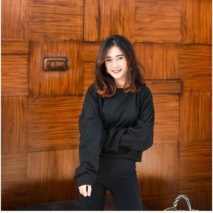 OVERSIZE CROP SWEATER - SWEATER WANITA TERBARU - BAHAN FLECE TEBAL DAN LEMBUT-hitam
