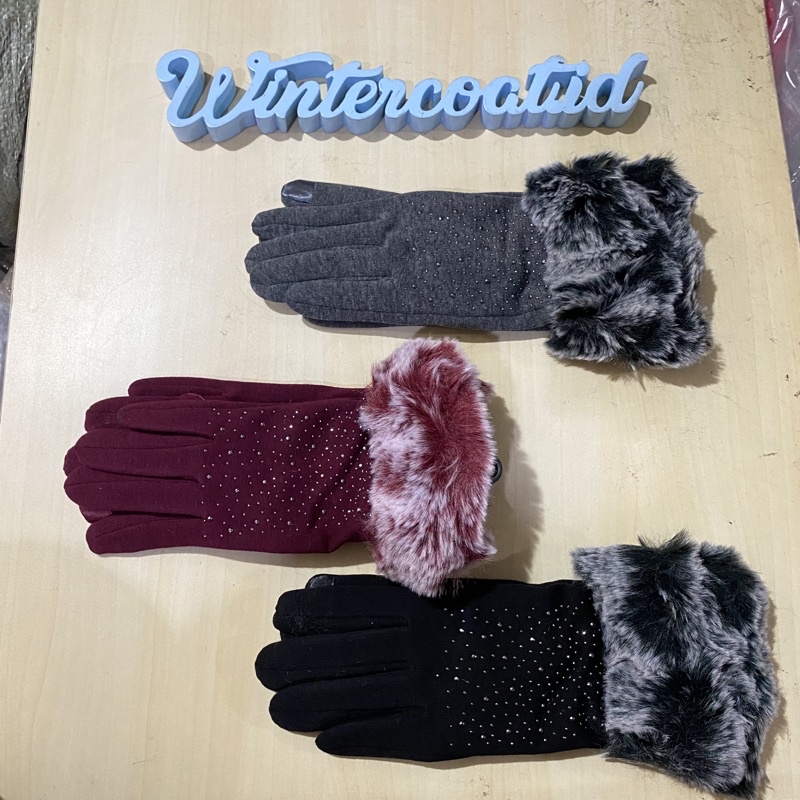 Sarung tangan winter bulu winter gloves fur touch screen bulu korea cewek wanita pompom