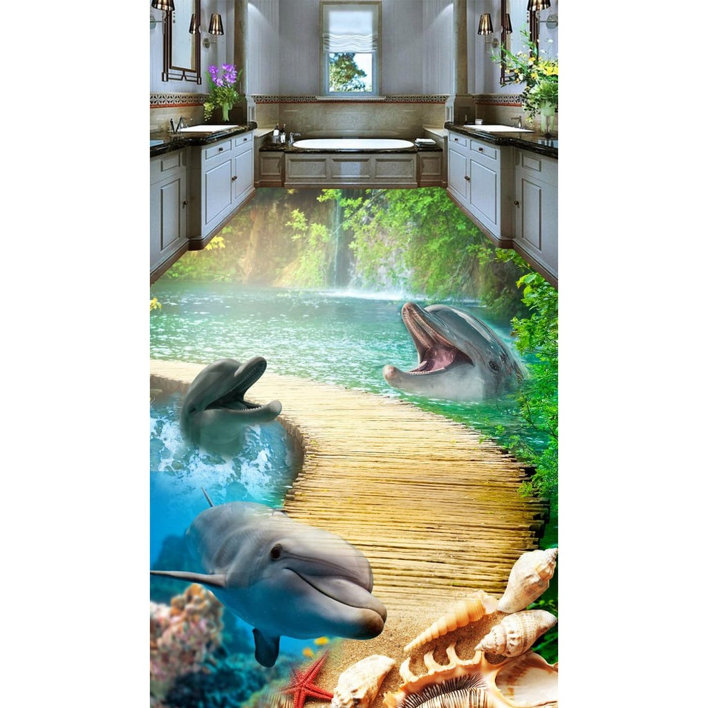WALLPAPER STIKER CUSTOM 3D WALLPAPER LANTAI JEMBATAN DOLPHIN