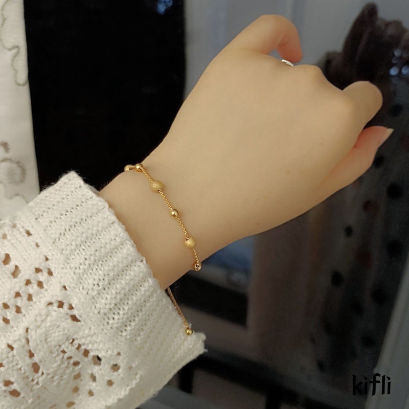 18K,Gelang Serut Emas,Gelang Titanium Wanita,Anti Karat Kecil Golden,Bean Bracelet Aksesoris,Wanita