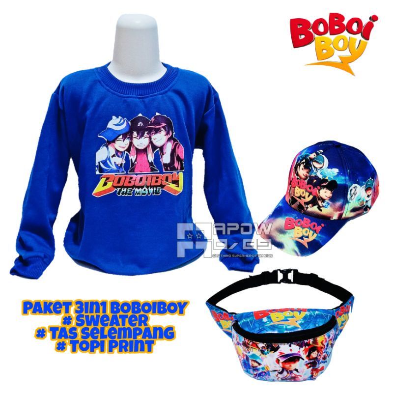 Paket 3in1 sweater Anak Boboiboy | free waistbag anak + topi Boboiboy