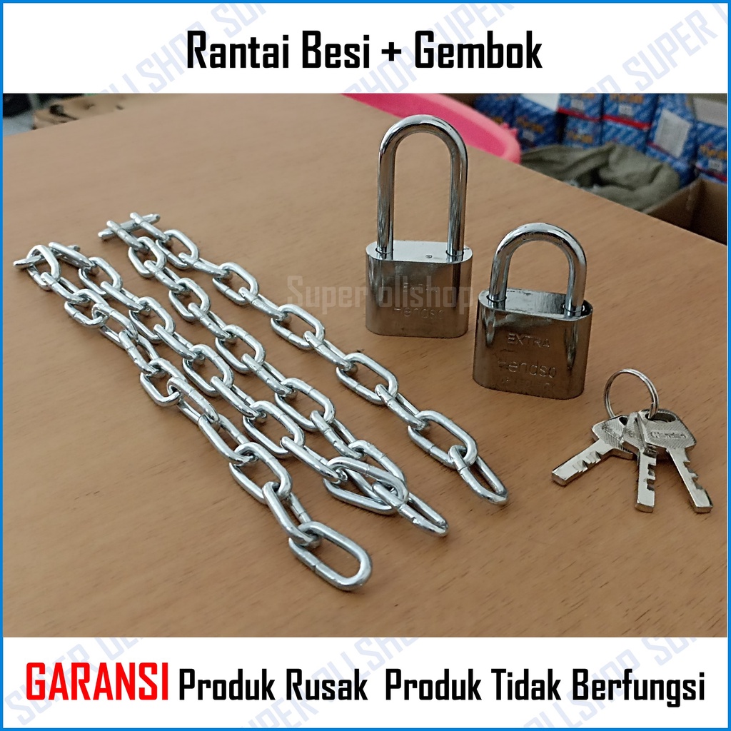 Gembok Rantai Besi 100 Cm Slot Kunci Pengaman Sepeda Motor Pagar Rumah Besi 1/8&quot;  3 MM Galvanis / 1 Paket Gembok 30 MM