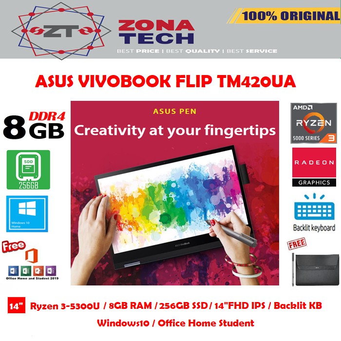ASUS VIVOBOOK FLIP TM420UA - RYZEN 3-5300U - 8GB - 256GB SSD - 14"FHD