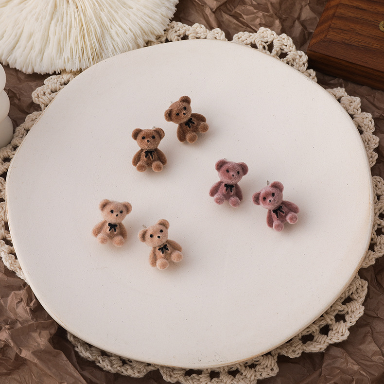 XiaoboACC Flocking Bow Cartoon Bear Earrings