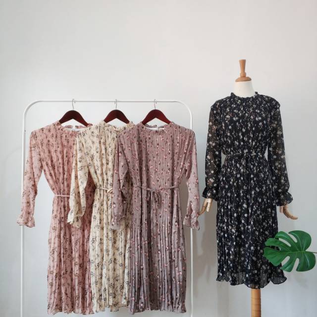 Dress full pleats plisket bunga prisket import bkk hk chn bangkok china