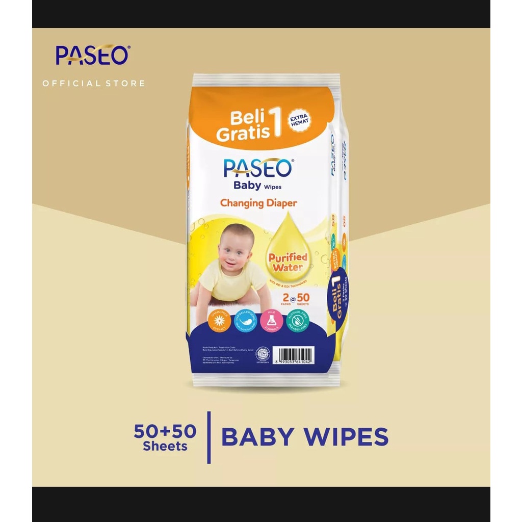 Tisu paseo basah BUY 1 GET 1 - Paseo baby wipes warna pink dan kuning