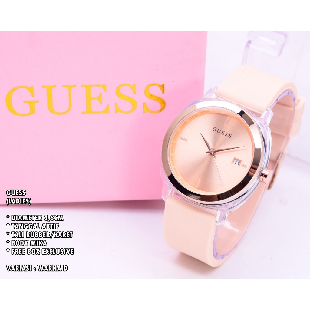 JAM TANGAN WANITA GUESS TALI RUBBER BODY BULAT TANGGAL AKTIF