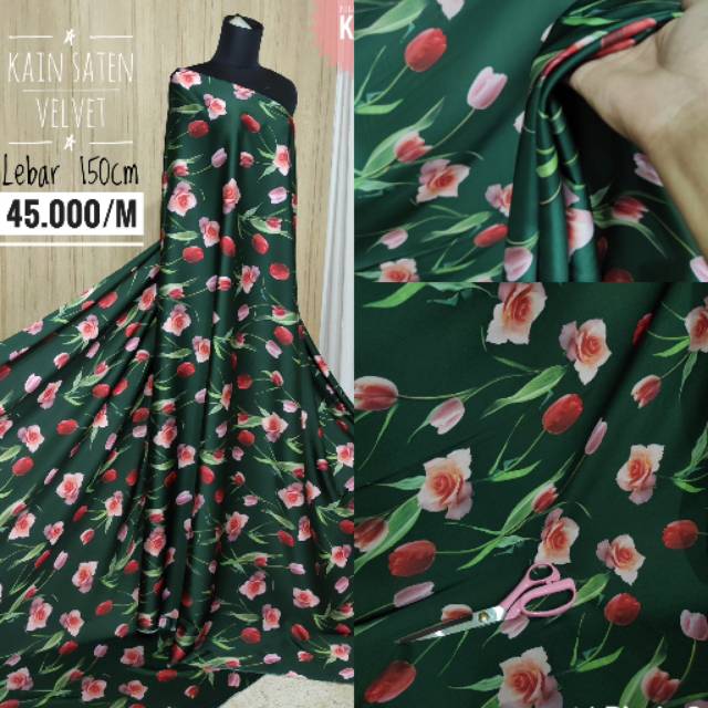 KKN SATEN VELVET DASARAN HIJAU MOTIF BUNGA - KAIN VELVET MURAH - KAIN BAHAN GAMIS - BAHAN BAJU