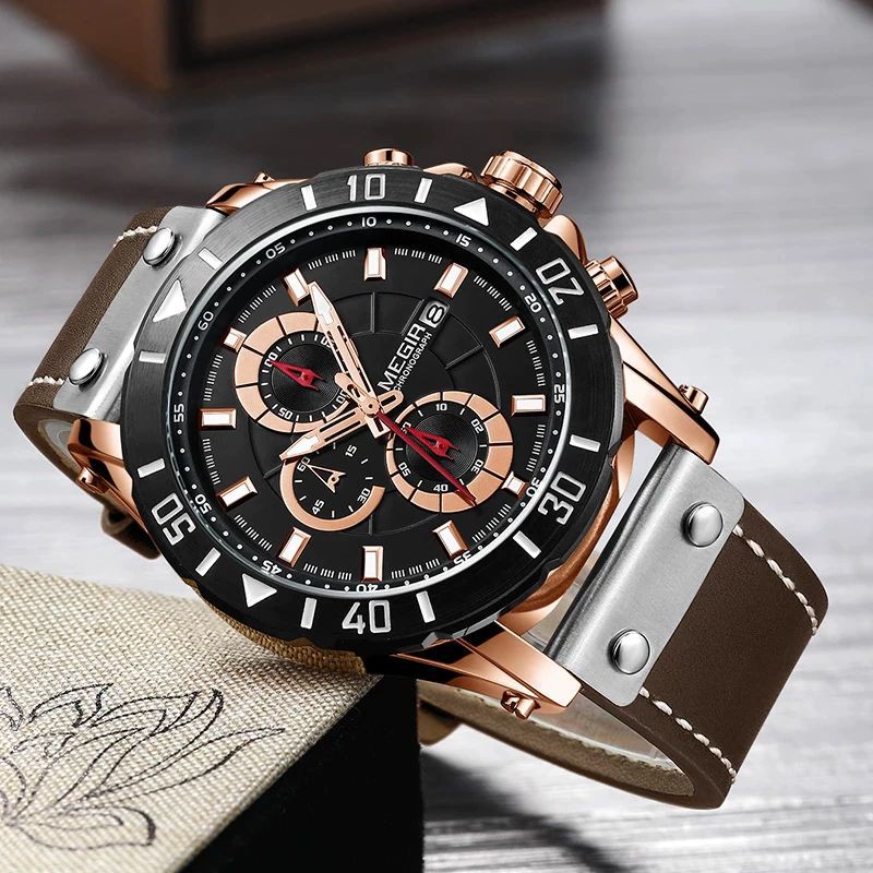 MEGIR 2081 Jam Tangan Pria Analog Chronograph Tali Kulit Luminous WATCHKITE WKOS