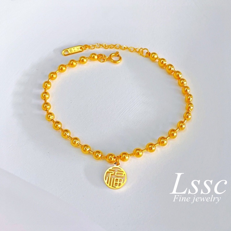 Gelang Titanium Wanita Anti Karat Manik 'Fu' Keberuntungan Emas 18K Perhiasan Korea