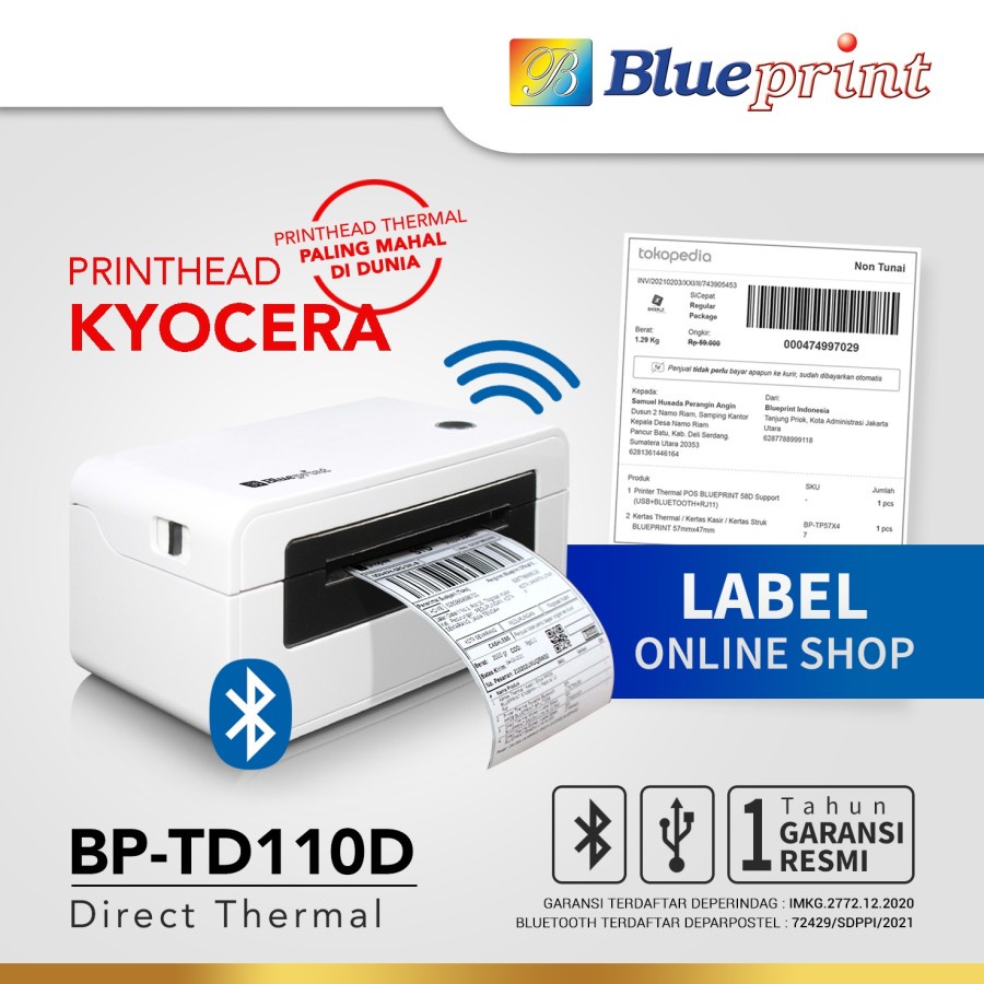 PRINTER BARCODE THERMAL BLUEPRINT TD110D USB BLUETOOTH - LABEL RESI A6