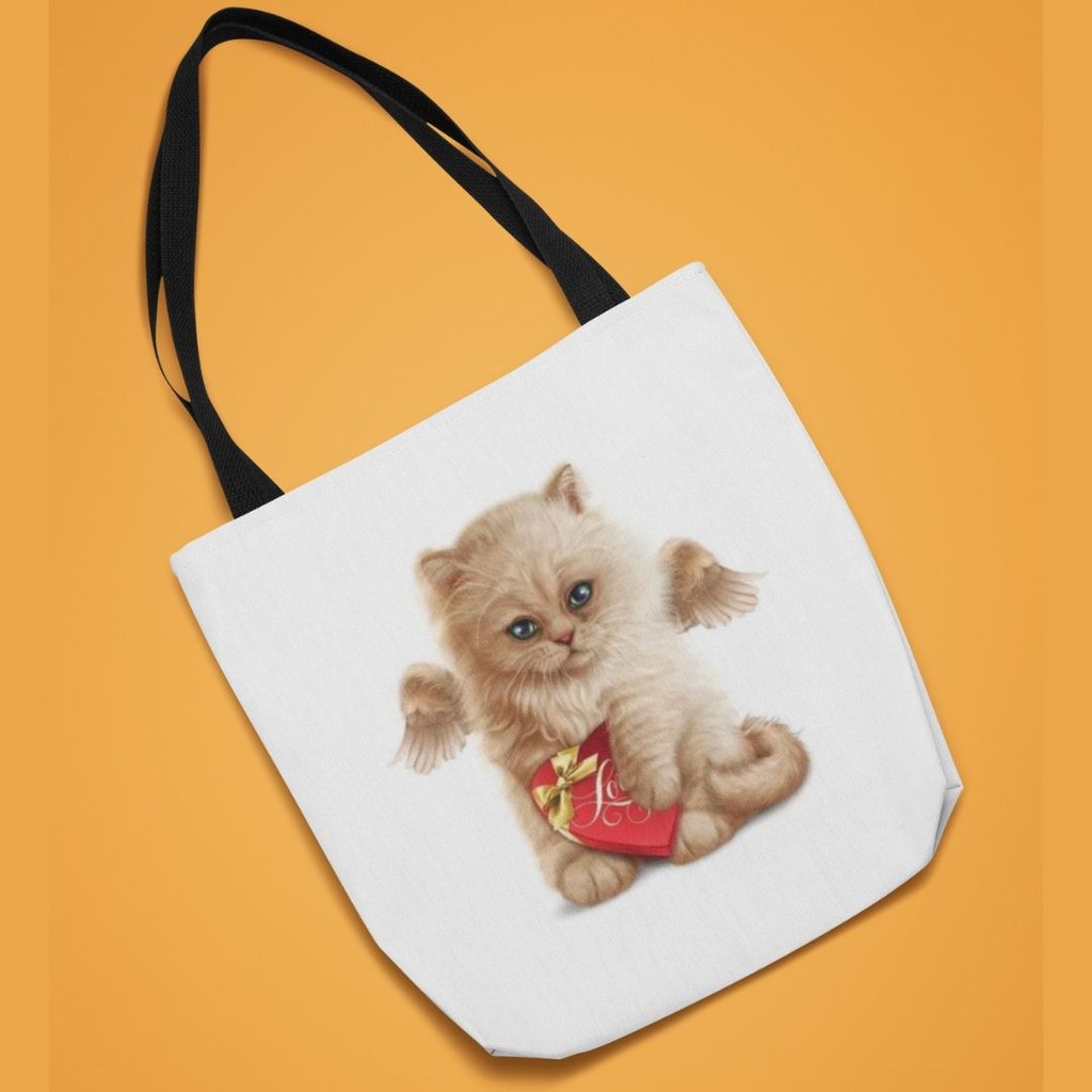 Tas Cantik Totebag Tema Desain Kucing Cat Angel Gold Custom Nama