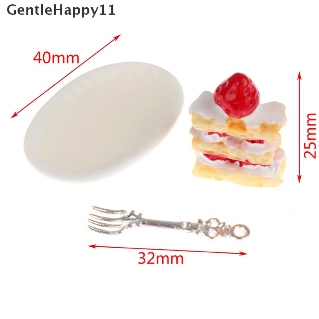 Gentlehappy 1 Set Mainan Miniatur Piring Kue Strawberry + Garpu Skala 1: 12 Untuk Dekorasi Dapur Rumah Boneka