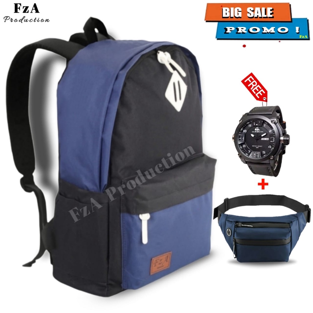 Tas Ransel Gendong Laptop Distro Sekolah Kuliah Pria Wanita Black Murah Original GRATIS Jam Tangan Dan Slempang