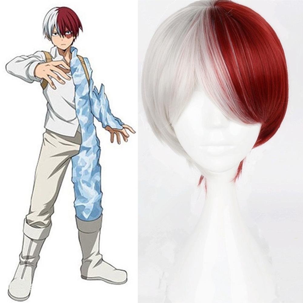 Nickolas1 Wig My Hero Academia Putih Dan Merah Pendek Kostum Rambut Sintetis Tahan Panas Wig Penuh