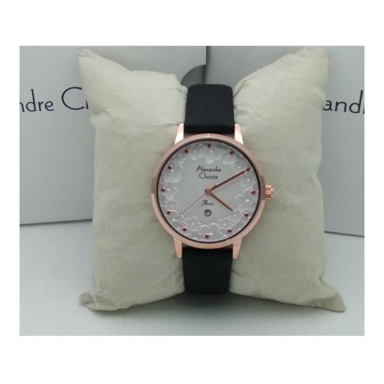 Jam Tangan Alexandre Christie AC 2794 Rose Gold Leather Black for Ladies Original