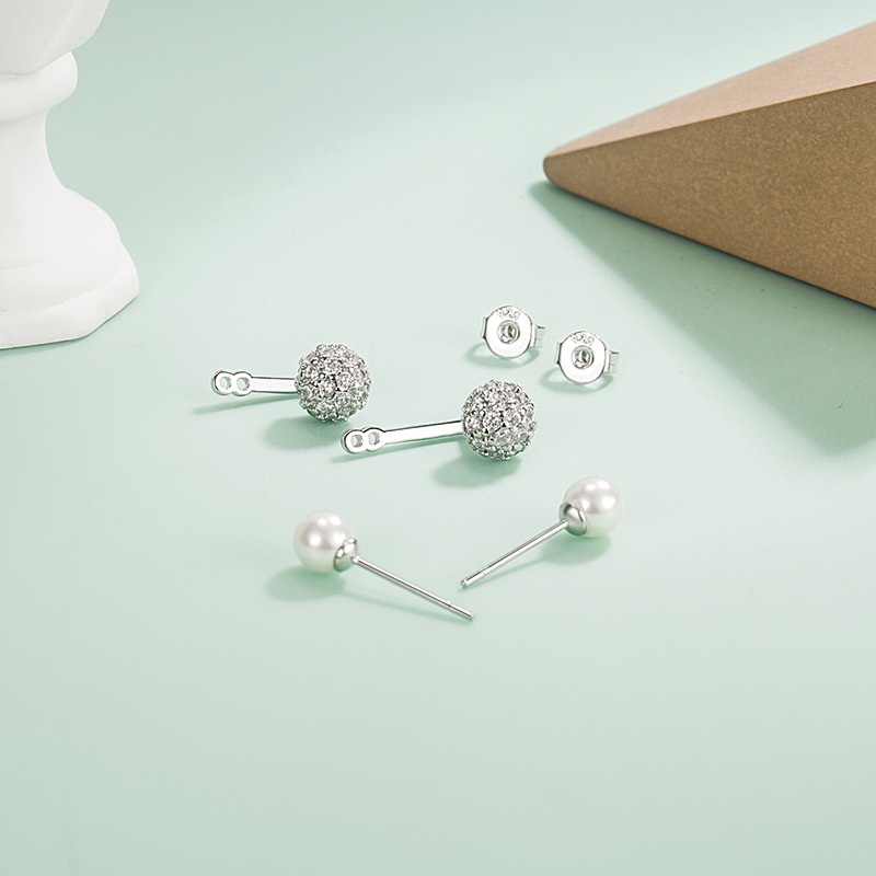 Anting Tusuk Sterling Silver 925 Desain Bulat Hias Mutiara + Berlian Imitasi Untuk Wanita