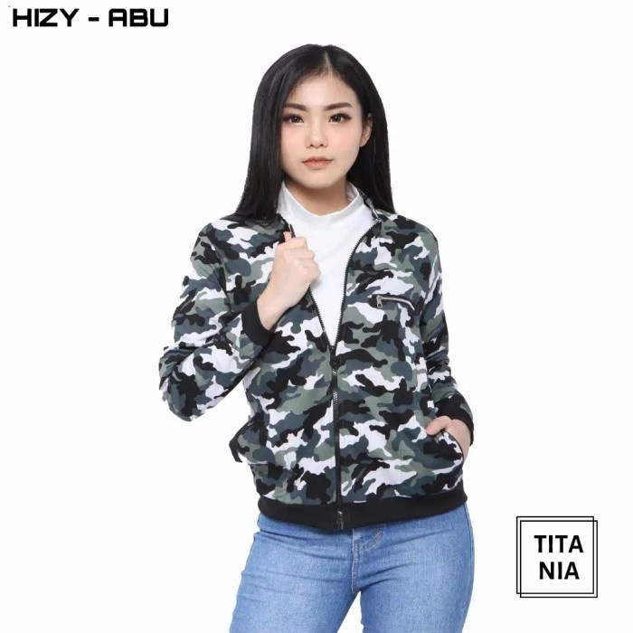 Jaket Wanita jaket jacket bomber motif army loreng wanita cewek kekinian - abu(U7C2)