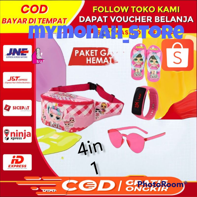 paket hemat perlengkapan anak perempuan /WAISTBAG  jam sendal kacamata