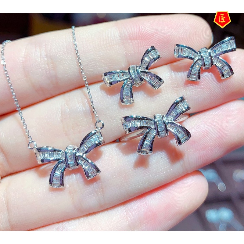 [Ready Stock]Niche Fairy Style Bow Ring Necklace and Earring Suit