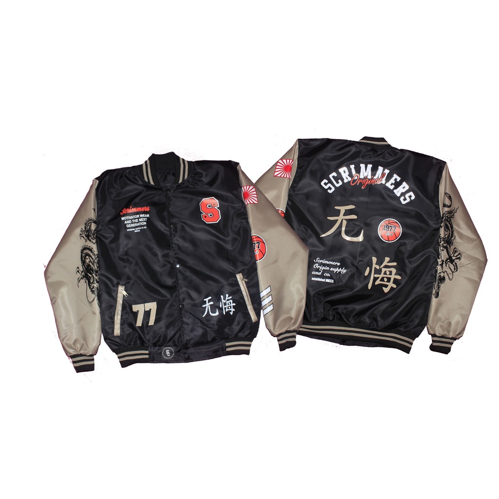 JAKET VARSITY HITAM MIX CREAM ORIGINAL SCRIMMERS UNISEX PRIA WANITA