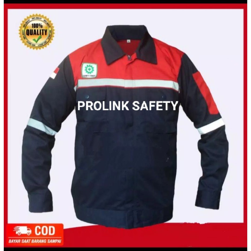 RESLETING BAJU SAFETY MERAH DONGKER KAIN DRILL BERLOGONK3 BENDERA WEARPACK ATASAN