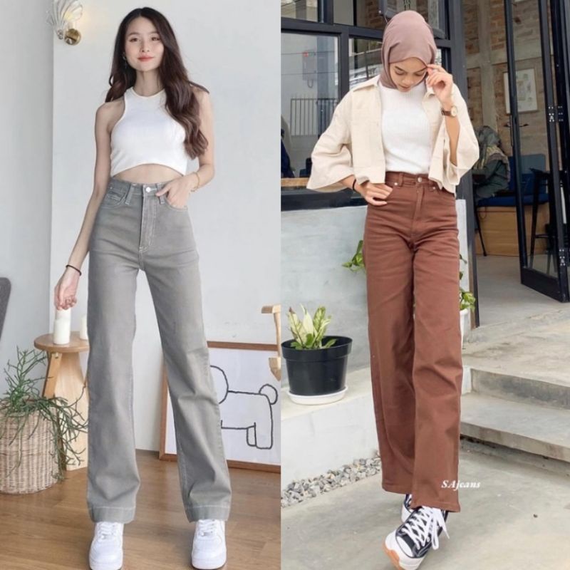 celana jeans wanita kekinian high waist jeans pinggang karet kulot jeans putih korean style kulot panjang