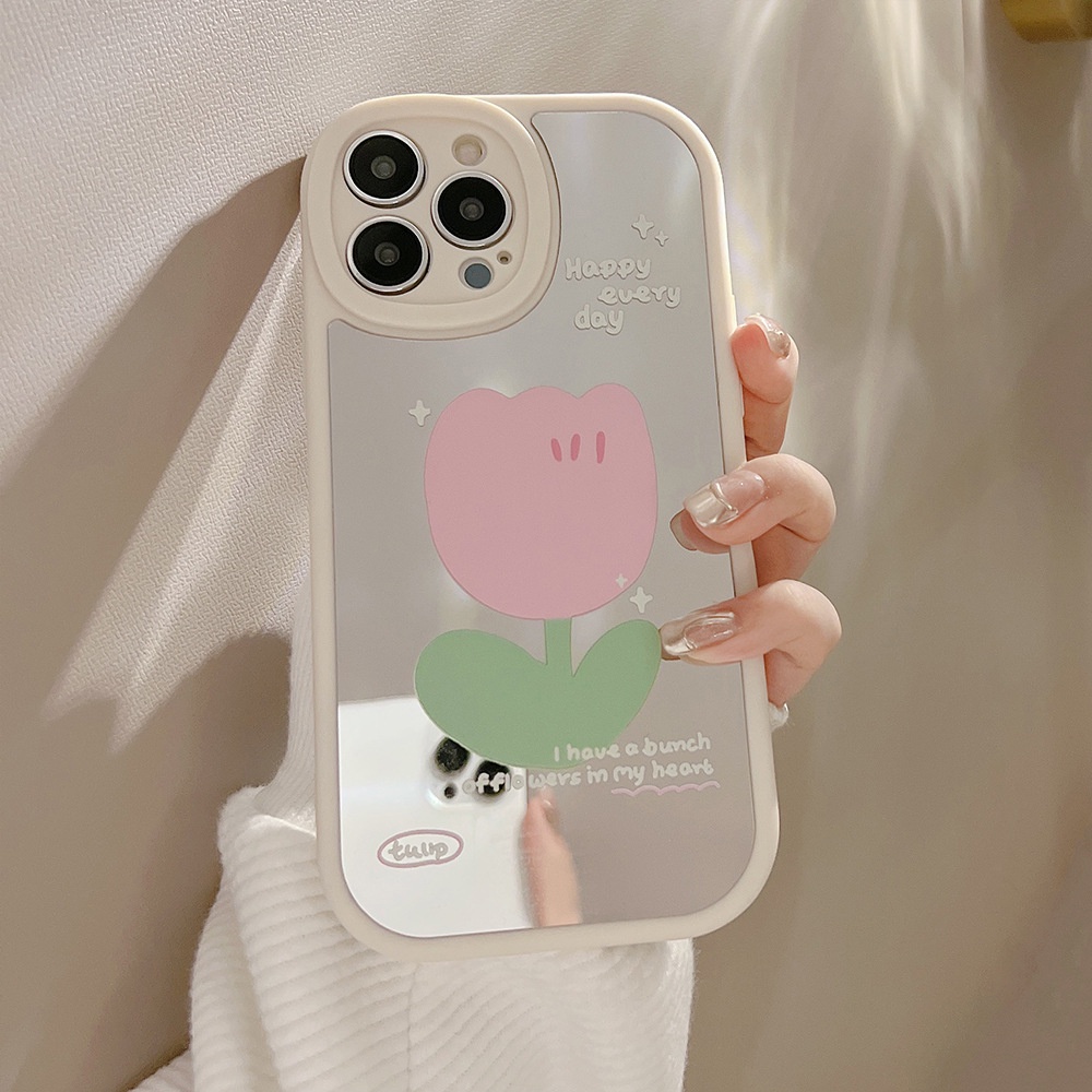 Case Pelindung Motif Bunga Pink Dengan Cermin Makeup Untuk Iphone 11 8 7 Plus SE2 XS XR 12 13 Mini PRO MAX