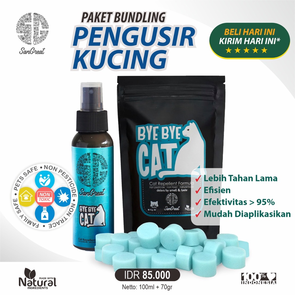 Semprotan anti kucing dan kapur barus anti kucing organik alat pengusir kucing  kampung liar bandel pup berak pipis sembarangan SanGrat Bye Bye Cat gel 100 gr dan spray 100 ml aman natural