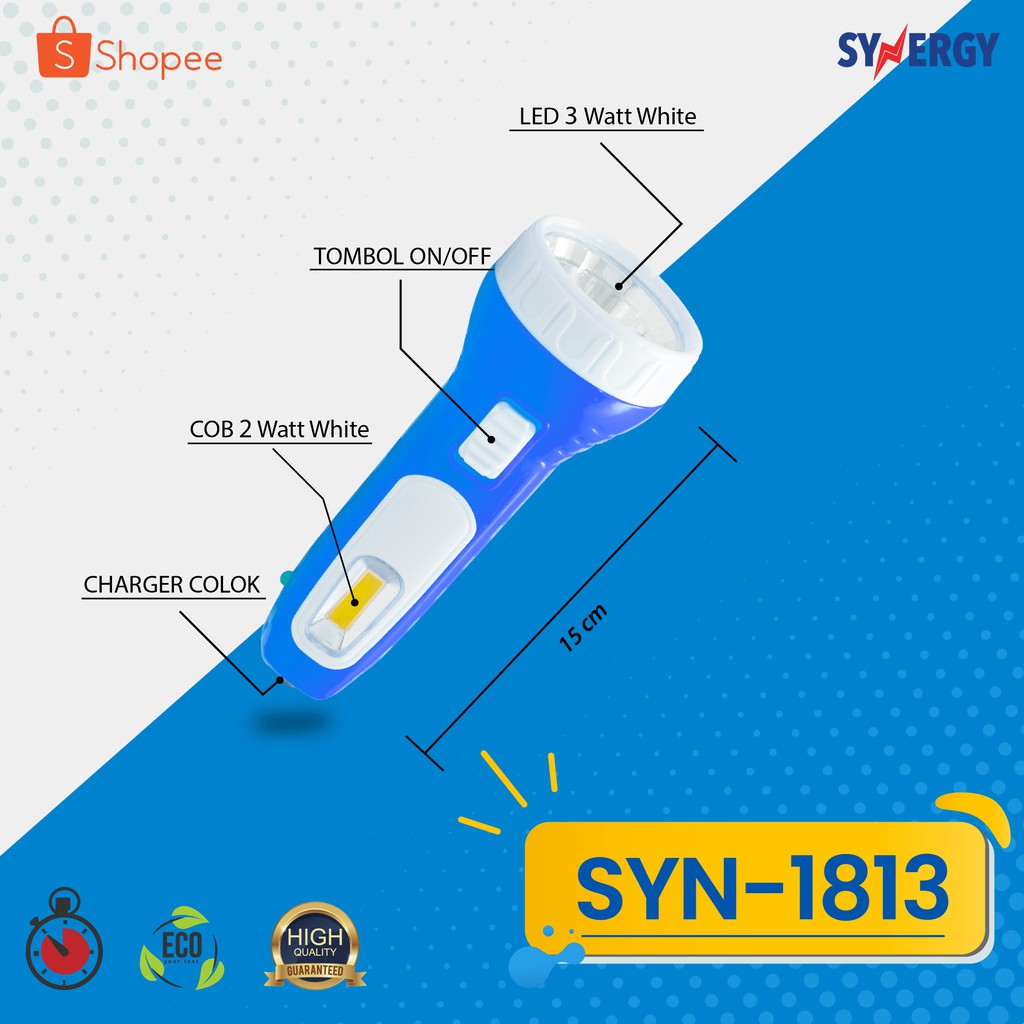 Senter + LED COB Isi Ulang 3W + 2W COB SYNERGY SYN-1813 Premium