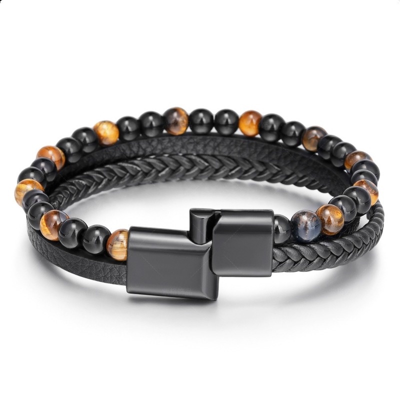 Gelang Manik-Manik Batu Vulkanik Tiger Eye Bahan Kulit Gaya Vintage Untuk Pria