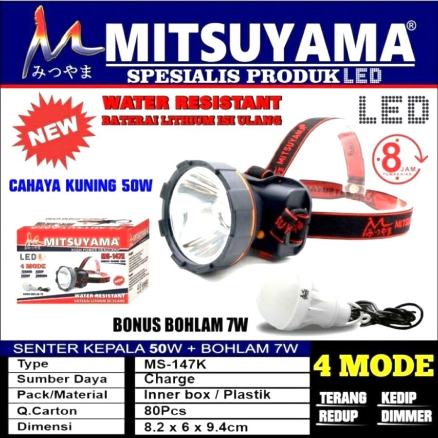 *COD* Senter Kepala Mitsuyama 50 Watt MS-147K Cahaya Kuning + Bohlam 7 Watt