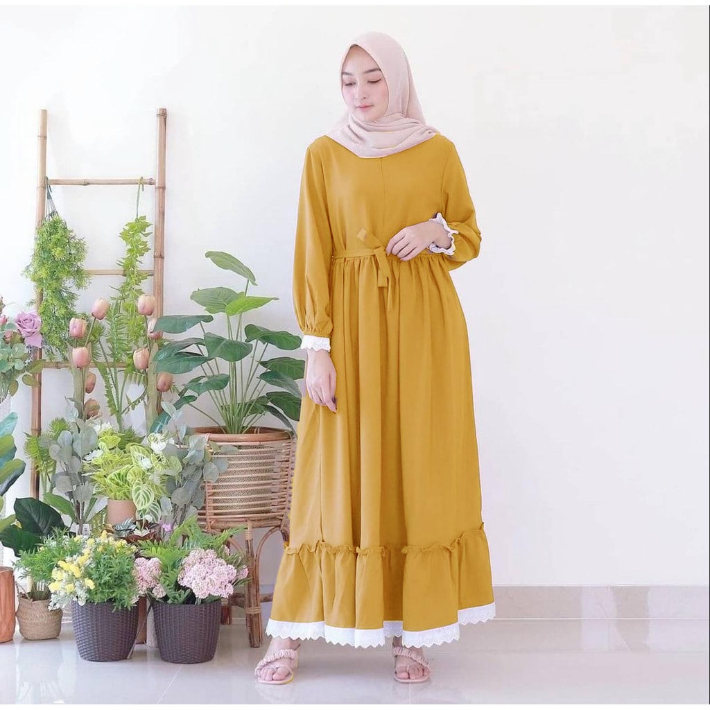 GAMIS NIDIA FULL KANCING BUSUI BUMIL DRESS MOSCREPE gamis terbaru gamis modern gamis terbaru 2021-SGN MUSTARD