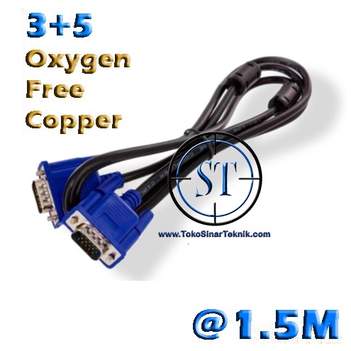 Kabel VGA 3+5 1.5M OFC Cable Oxygen Free Copper Male to Male High Quality Cable Proyektor Monitor LCD LED Panjang 1.5 Meter