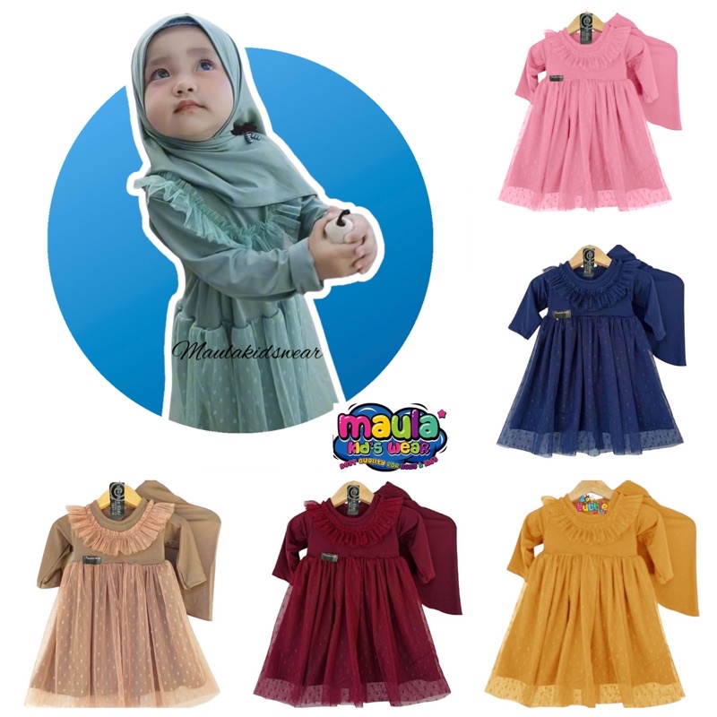 Maula Kids Wear Gamis bayi newborn / baru lahir - 4 tahun | Gamis anak perempuan  free jilbab murah | gamis tutu tile doty + hijab segitiga instan bahan adem,lembut&amp;elastis