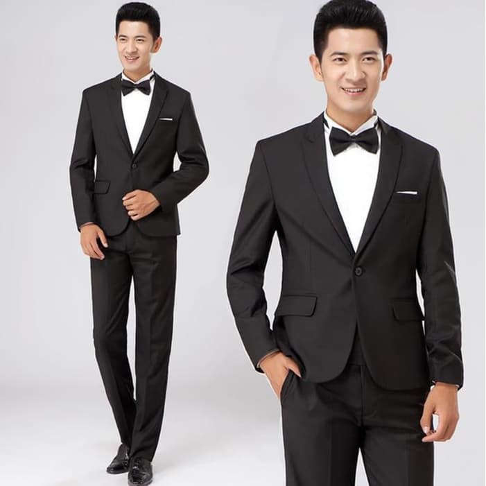SETELAN JAS RESMI HITAM MEETING FASHION 4in1 LENGKAP BAHAN HIGH TWIST NIKAYU + BONUS DASI KUPU KUPU