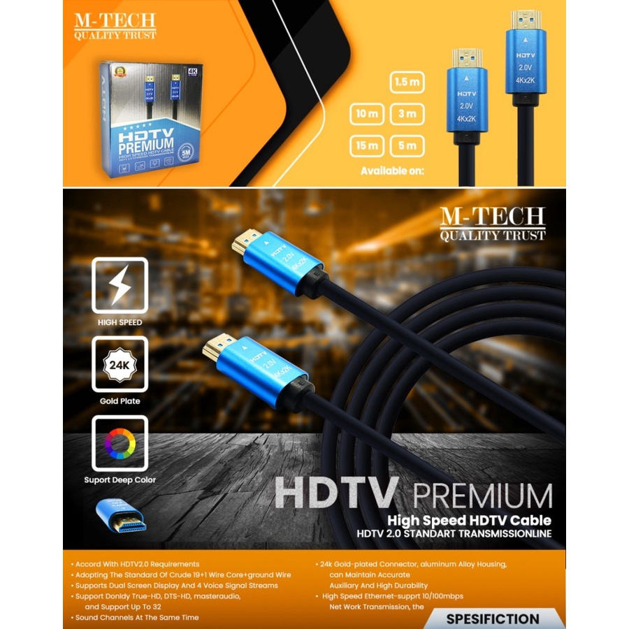 Cable hdtv 2.0 M-tech 1.5m gold m-m 4k 60hz uhd 3d ethernet for pc laptop ps 4 3 xbox stb dvd - Kabel hdtv 1.5 meter male