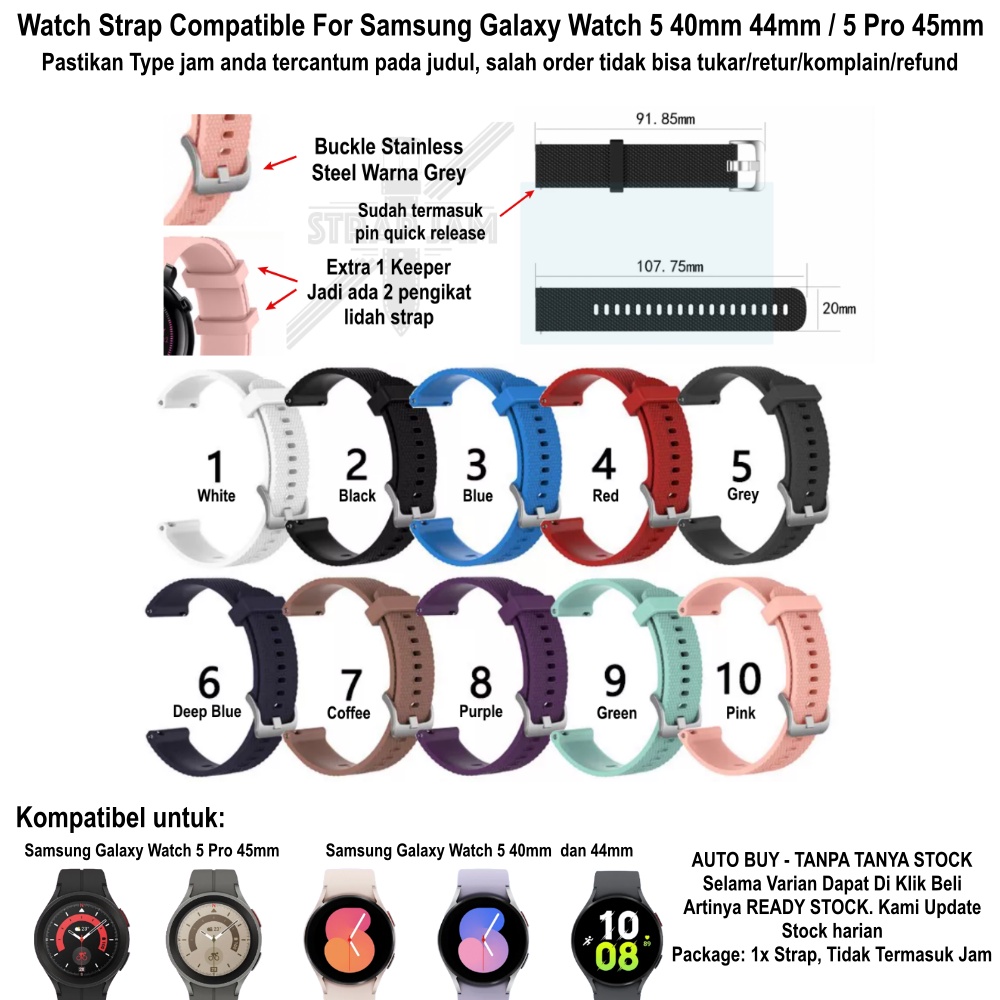 SBF Strap Samsung Galaxy Watch 5 40mm 44mm Pro 45mm - Tali Jam 20mm Silikon Rubber With Grey Buckle