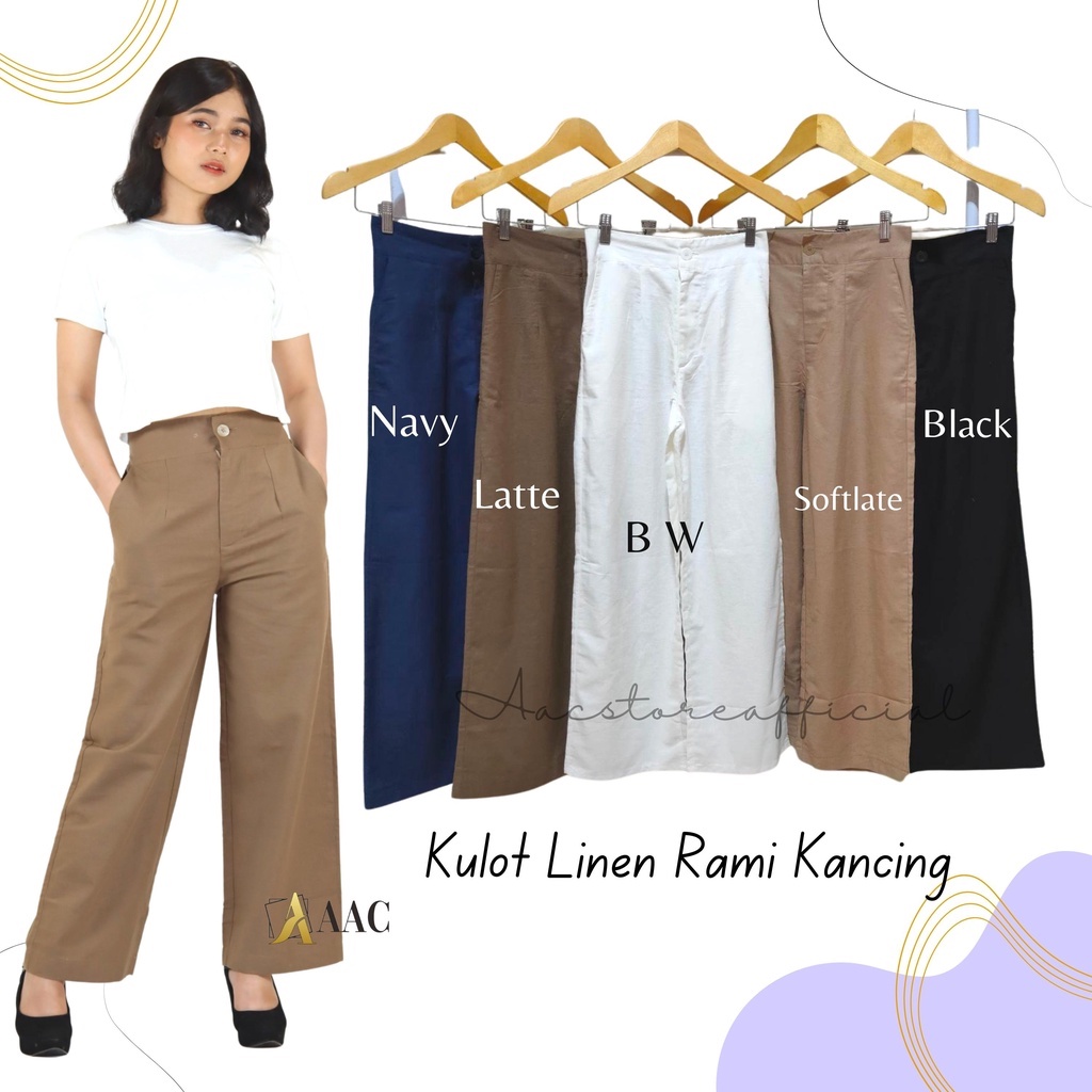 Celana Kulot Linen Rami Hight Waist Pakai Kancing dan Resleting