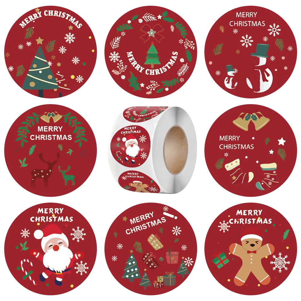 500pcs / Roll Stiker Segel Kantong Permen Desain Snowman Santa Rusa Untuk Dekorasi Natal