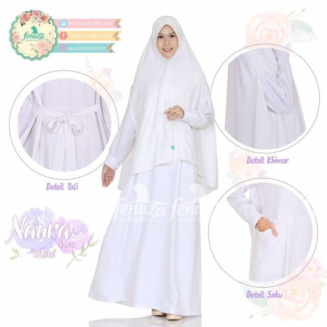 Gamis Fenuza /Naura white/ gamis putih Fenuza/linen putih/gamis umroh/gamis naura fenuza putih