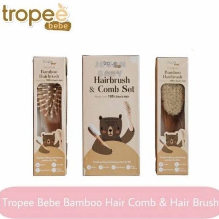 Tropee Bebe Hairbrush &amp; Comb Set - Tropeebebe Hair Brush Bamboo - Sisir Rambut Bulu Bayi Premium Bambo