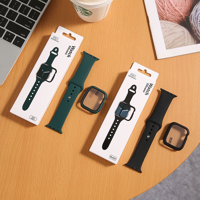 Strap Apple Watch Series 7 - 41 45 mm - 38 40 42 44 mm + Tempered Glass Case Strap Sport Band iwatch Full Color Silicone Rubber