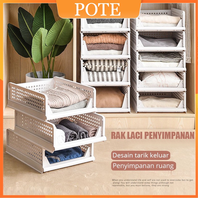 POTE Pakaian Rak Baju Organizer Rak Laci Penyimpanan Lipat Rak Susun Plastik Storage