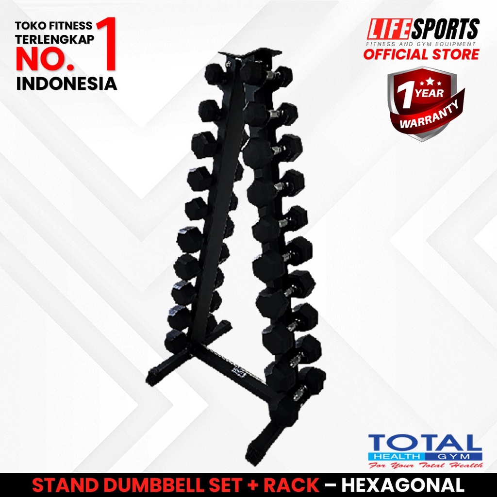 TOTAL HEALTH GYM - New Alat Olahraga Fitness Sport Gym Stand Dumbbell Dumbel Barbel Set Hexagonal + Rack Lifesports Kualitas Premium Import Original