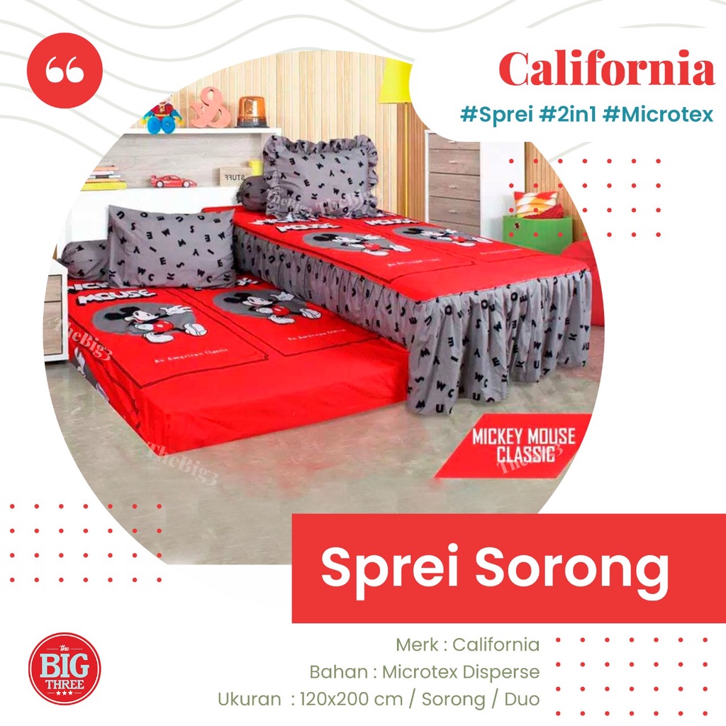 Sprei CALIFORNIA 2in1 DUO SORONG 120x200 motif Yellow Mickey Polka Metrico Mosaic Loop Ziggy Houndstooth Kaz Lexxa Orly Jasmine Blooming Marie Tropical Leaf Cat 120 SP DUO