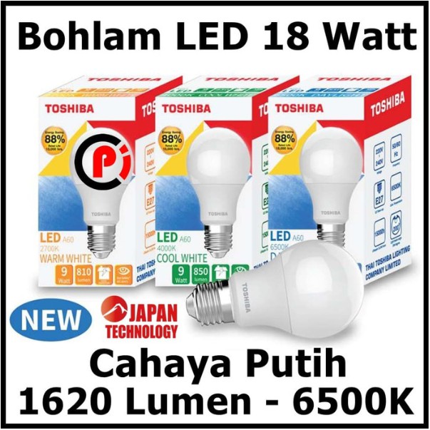 Toshiba Bohlam Lampu LED Cahaya Warna Putih 18 Watt 18W Hemat Energy