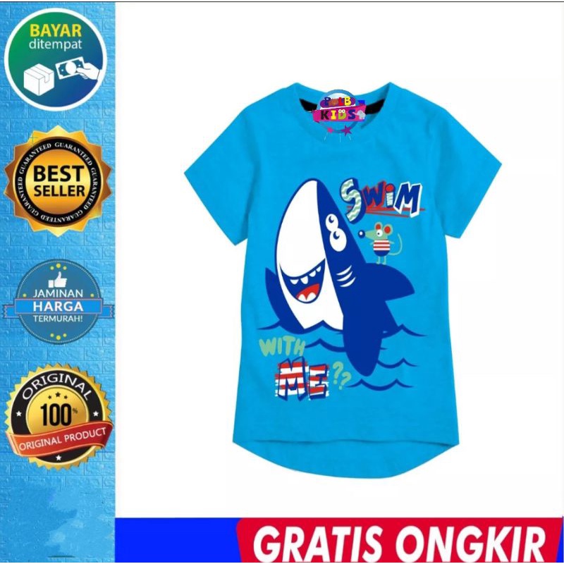 Kaos Atasan Anak Motif Hiu Laut Biru Muda Umur 1-10 Tahun